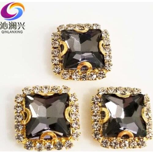 Free shipping Golden bottom Gray square shape top Crystal glass buckle, sew on rhinestones for Diy/jewelry accessories SQKG01
