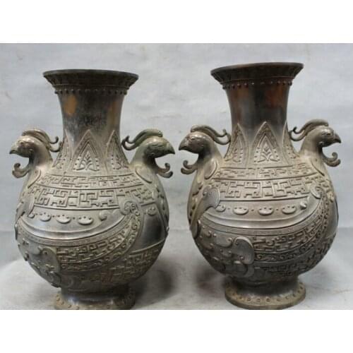 Fast shipping USPS to USA S1719 13" Chinese Dynasty Palace Pure Bronze Copper Phoenix Head Statue Vase Pot Pair