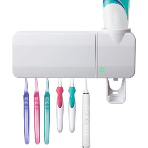 Toothbrush Holder, Toothpaste Dispenser + 6 Toothbrush Sterilizer Holder, Wall Mounted with Sticker for Women Kids Baby Bathroom