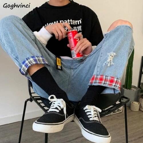 High Waist Jeans Women Plus Size Streetwear Straight Trousers Denim Loose Hole Ripped Womens Vintage Retro Plaid Patchwork Femme