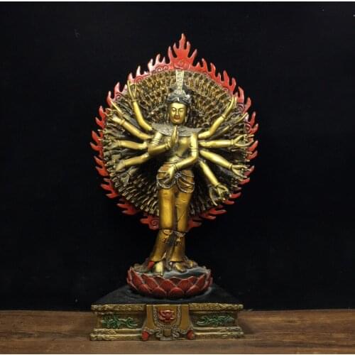 13"Chinese temple collection Old Bronze Painted Thousand-Hand Guanyin Guanyin Bodhisattva Standing Buddha Ornaments Town House