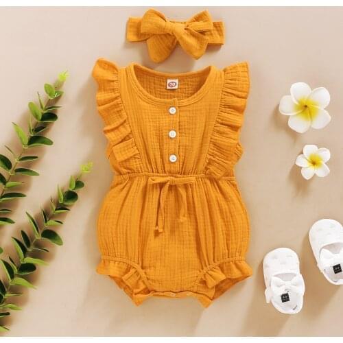Baby Summer Girls Romper + Headband Cotton Linen Ruffles Sleeveless Jumpsuit Infant Rompers Newborn Clothes 6 Colors