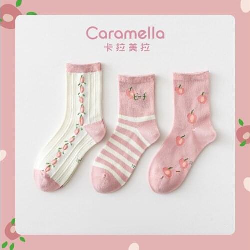 2020 Caramella Peach Women Socks 3pairs/lot Winter Autumn New Socks Cotton Short Socks Female Socks Sweet Pink Comfy Long Socks