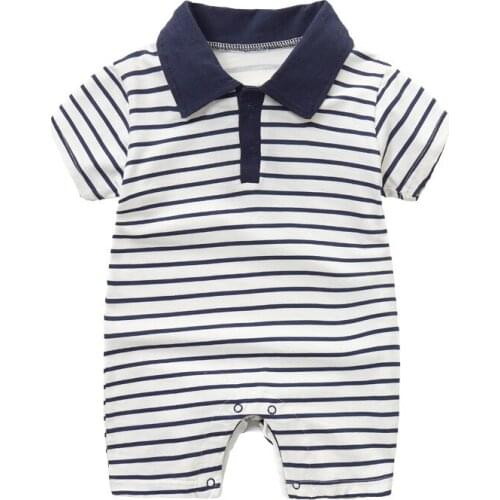 New Childrens Clothing Infant Baby Summer Short-sleeved Jumpsuit Newborn Baby Boys Striped Lapel Gentleman Rompers Baby Outfit
