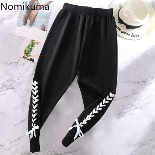 Nomikuma 2020 Autumn Knitted Harem Pants Korean Cross Bow Bandage Sweater Pants Causal Stretch High Waist Anke Trousers 6C792