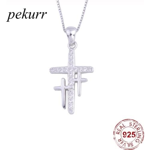 Pekurr 925 Sterling Silver Zircon Starlight Cross Female Pendants 3 Cross Necklaces For Women Chain Collar Fashion Jewelry