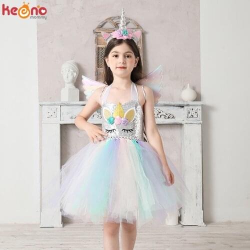 Girls Unicorn Dress Costume Pastel Sequins Kids Rainbow Unicorn Tutu Dress for Girls Birthday Party Christmas Halloween Clothing