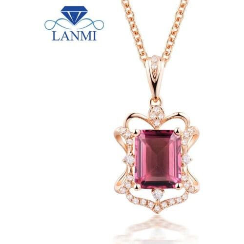 Natural Diamond Pendant 18ct Rose Gold With Real Emerald Cut 7x9mm Pink Tourmaline For Girl Gemstone Jewelry SP0411
