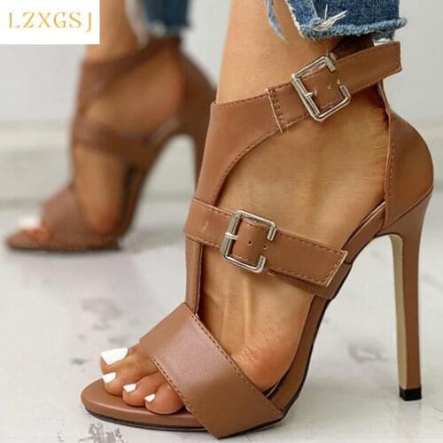 Fashion Summer Women High Heels Sandals T-strap Sandals Woman Shoes Brown Sexy Peep Toe Buckle Sandals Female Footwear Shoes