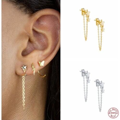 Aide 925 Sterling Silver Gold Long Chain Tassel Stud Earring Cute Star Ear Stud For Women Girls Jewelry Pendientes Oorbellen