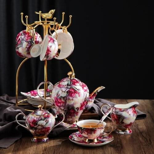 Vintage 21pcs Bone China Tea Set Coffeeware European Cups and Saucers Coffee Plates Milk Sugar Pot Gift For Friends Home Office