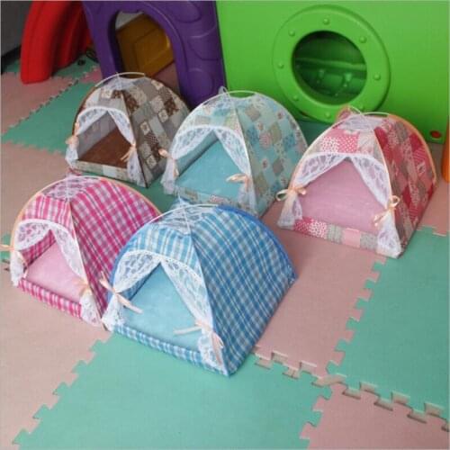 Fiber Bracket Lace Pet Tent Summer Breathable Printing T/C Pet Tent Kennel Cat Litter with Cushion Pet Dog Nest Windproof House