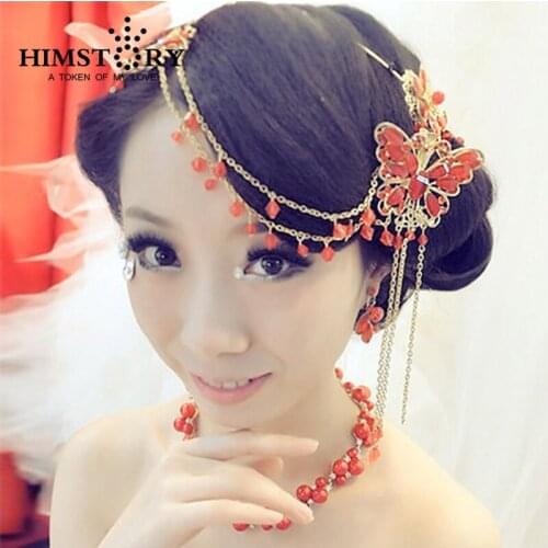 HIMSTORY Chinse Style Gold Red Butterfly Wedding Hairpins ,Red Wedding Hair Accessories Costume Bridal hairpins