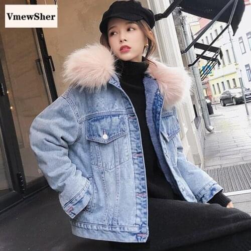 VmewSher New Denim Jackets Women Fur Collar Thick Warm Jean Jacket 2020 Loose Plush Lined Overcoat Female Streetwear Outwear