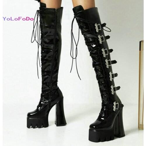 2021 Autumn Winter Women Over the Knee Boots Platform Square High Heel Ladies Long Boots Patent PU Leather Cross Tied Boots