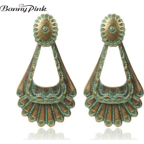 Banny Pink Vintage Gold Copper Carved Geo Pendant Dangle Earrings For Women Ethnic Tribal Statement Drop Earrings Pendientes