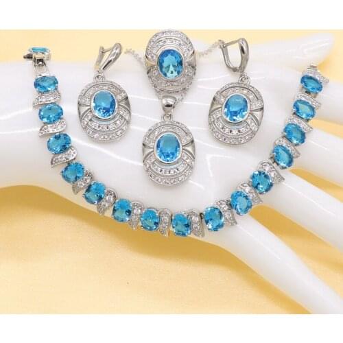 Blue Fashion Jewelry Set for Ladies Ring High Quality Beautiful Round Baguette Shape Cubic Zirconia Necklace Pendant Earrings