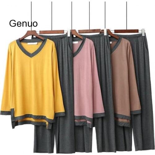 2 Pieces Set Summer Women Loose Modal Homewear Casual Pants Sleepwear Long Sleeve Spring Autumn Women Pajamas Sets 2020 New