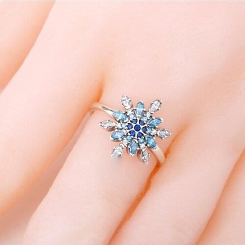 925 Sterling Silver Women Ring Romantic Style Crystal Snowflake Blue Crystals & Clear CZ Ring for Women Wedding Fine Jewelry