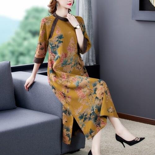 2021 Autumn Floral Mulberry Silk Midi Dresses Korean Vintage 4XL Plus Size Long Sleeve Women Dress Elegant Bodycon Party Vestido