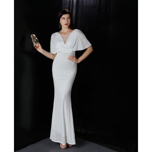 S-2XL Beading Mermaid Elegant Long Temperament Party Dress Women Autumn V-Neck Sequiend Prom Evening Navy Blue Gown Cap Sleeves