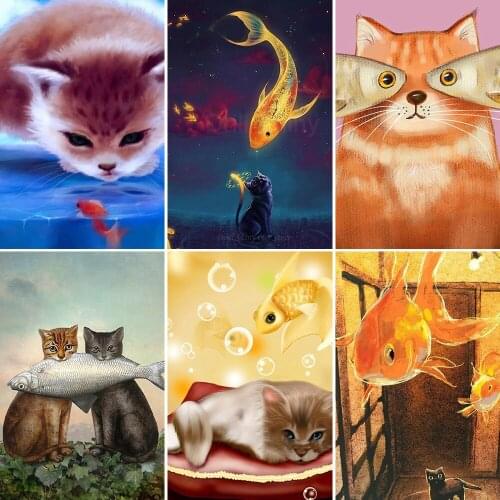 2021 5d Diy Diamond Painting Cross Stitch Goldfish Cat Diamond Mosaic Needlework Crafts Round Diamond Embroidery