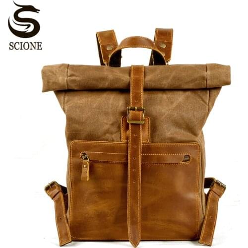 2021 Men Vintage Backpack Fashion Oil Wax Canvas Travel Backpack with Leather Shoulder Strap Large Capacity Laptop Bag XA741M