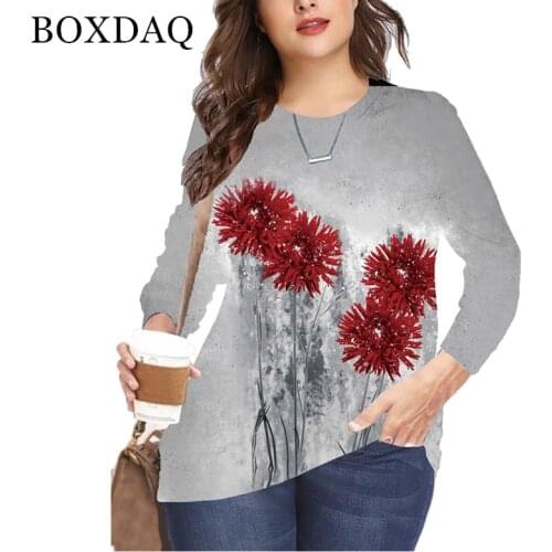 5XL 6XL Oversized Ladies Tops Casual Long Sleeve Women Tie Dye Flower Print T Shirt Vintage Autumn Clothes 2021 Plus Size Shirts