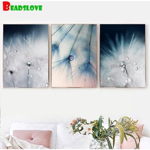 DIY diamond painting Blue Dandelion Flower Nordic home decoration cross stitch full square round diamond Emeroidery Triptych
