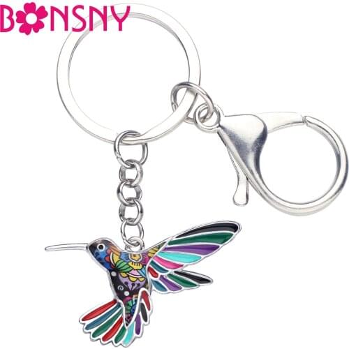 Bonsny Enamel Alloy Floral Hummingbird Bird Key Chain Keychains Ring Fashion Animal Jewelry For Women Girls Bag Car Charms Gifts