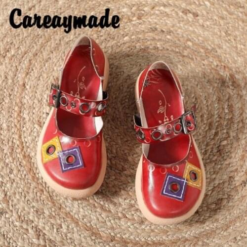 Careaymade-Summer New Fashion Womens Single Shoes round Head Middle Heel Printed Shoes Ethnic Style Hook and Loop Trend shoes