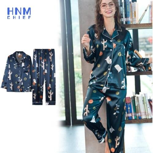 HNMCHIEF Blue Long Sleeve Homewear 2PCS Sets Women Floral Print Pajamas Suit Turn-down Collar Pyjamas Sleepwear Winter Nightwear