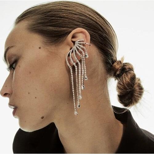 Dvacaman 2020 New Fashion Personality Glass Stones Ear Cuff Tassel Earrings for Women Rhinestone Ear Cuff Wrap Stud Clip Earring