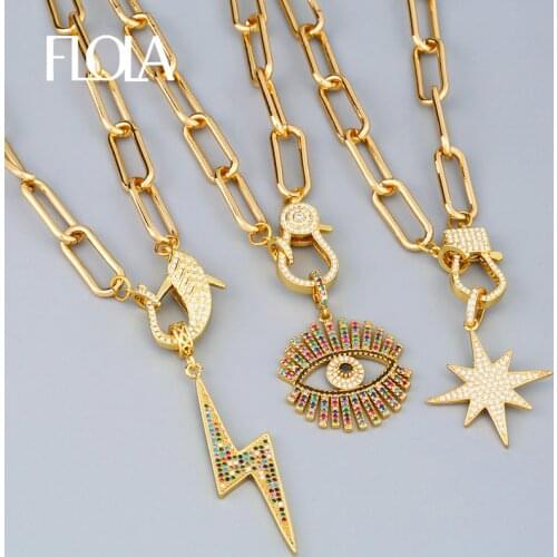 FLOLA Gold Fatima Hand Evil Eye Chain Necklaces For Women Horn Lightning DIY Big Pendant Necklace CZ Fashion Jewelry Gift nkeq81