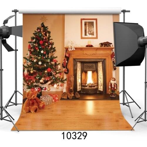 Photography Backdrop Christmas Decoration Tree Gifts Fireplace Bear Wood Interior Xmas Backdrops