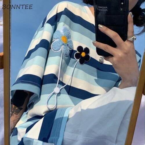Half Sleeve T-Shirts Women Fashion Striped Appliques Female Oversized Tee Summer Retro O-neck Tops Unisex Harajuku Streetwear