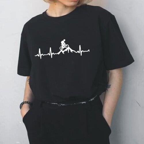 Cotton Casual Tee Shirt Femme Summer Short Sleeve Tshirt Funny Mountain Bike Heartbeat Print T Shirt Women Tops Camiseta Mujer
