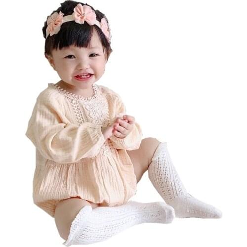 Baby Girl Long Sleeve Romper Tops with Hairband Socks 3 Pieces Set Elegant Khahi Color Lace Decoration Princess Girls' Outfit