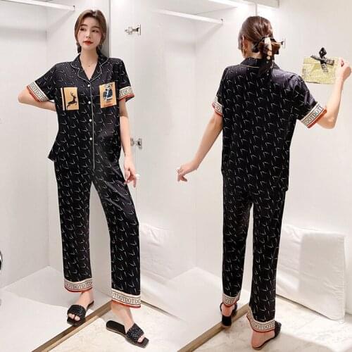 Summer Trouser Suits Shorts V Neck Womens Pajamas Set Silk Stain Female Luxury Print Sleepwear Home Clothes Nightwear Korean