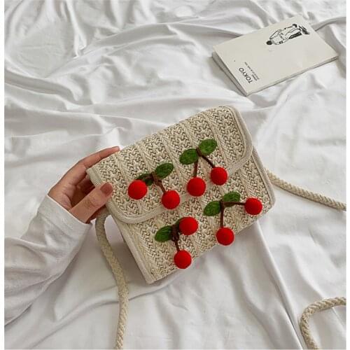 Cute Cherry Straw Summer Beach Boho Bag Women Messenger Bag Women Embroidery Knitted Satchel Small Bags