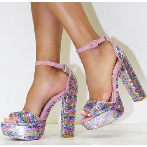 Moraima Snc Rainbow Glitter Embellished Chunky Heel Platform Sandals Ankle Strap Open Toe Summer Shoes Party Wedding Heels