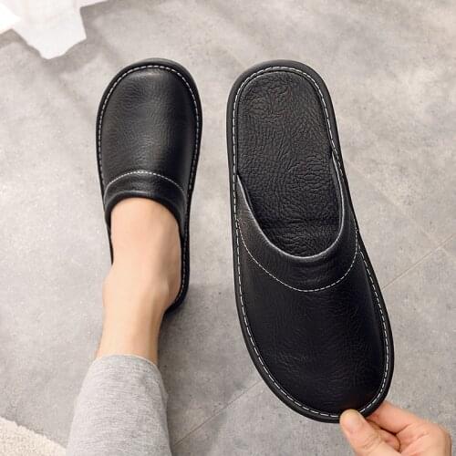 Men Black Leather Slippers Indoor Shoes Plus Size Unisex Precision Stitching 2021 New Fashion Shoes Male Slippers Bedroom Slides