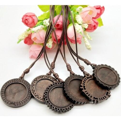 Fashion Wood Cabochon Settings Blank Pendant Base Trays With Leather Cord For Jewelry Making 25mm Inner Size