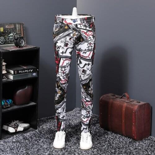 New Mens Printing Jeans Straight Pencil Pants Stylish Long Trousers J39