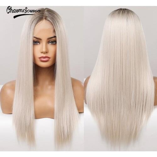 CharmSource Lace Front Synthetic Wigs Long Straight Wig White Silver Hair Party Cosplay Wig for White Black Women High Density