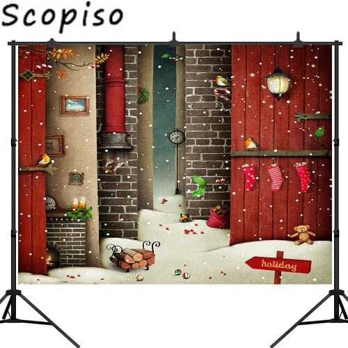 Scopiso Christmas Fairy Tale Backdrop Photography Snowflake Red Chimney Party Decoration Photo Background