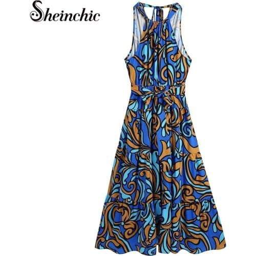 Sexy Halter Vacation Bohemian Beach Dresses for Women 2021 Female Blue Printed Long Dress