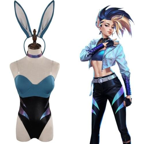 Sexy Women Bunny Girl Cosplay LOL KDA The Rogue Assassin Akali Cosplay Costumes Blue Bunny Ears Full Set Party Dress