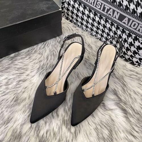Rhinestone Chain Design High Heels Women Pointed Toe Slingback Buckle Sandals Women Conceise Fashion Party Dress Shoes 2021 New