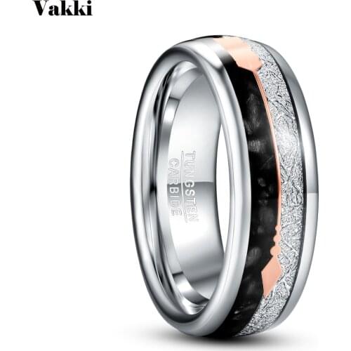 VAKKI 8MM Inlaid Meteorite Black Agate Steel Tungsten Steel Ring Tungsten Carbide Men Ring Wedding Bands
